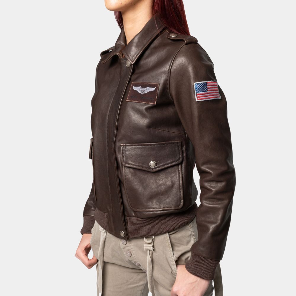 Captain Marvel  Brie Larson aka Carol Danvers Bomber Tan Leather Jacket - Side View