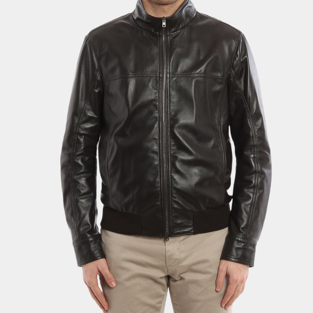 Charlie Black Minimalist Design Leather Jacket - Front View