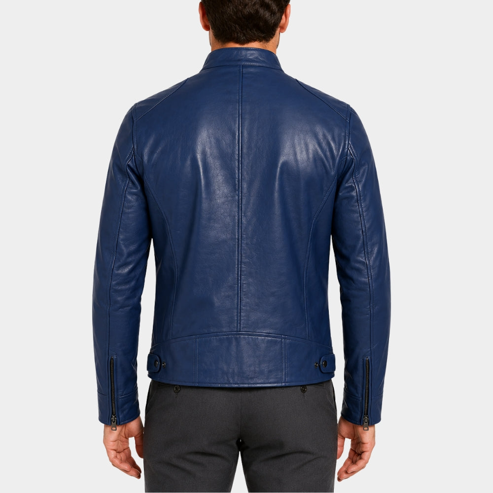 Classic Blue Leather Café Racer Jacket