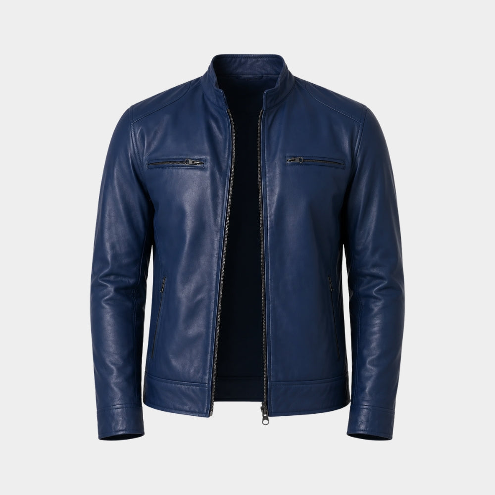 Classic Blue Leather Café Racer Jacket