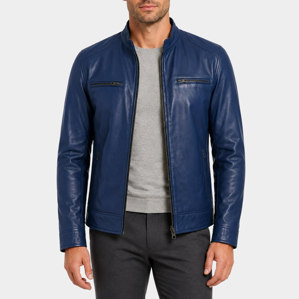 Classic Blue Leather Café Racer Jacket