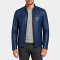 Classic Blue Leather Café Racer Jacket