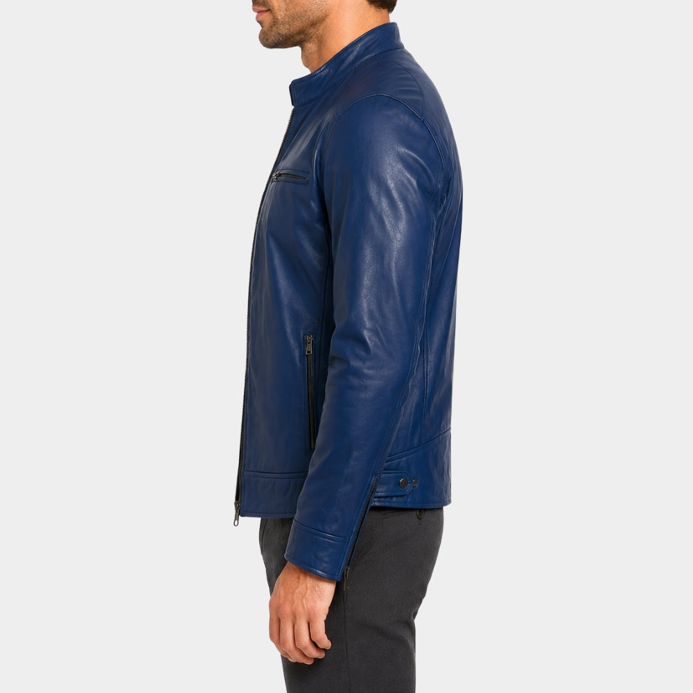 Classic Blue Leather Café Racer Jacket