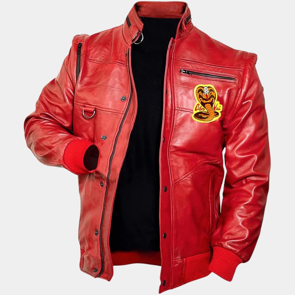 Cobra kai Karate Kid Johny Red Leather Jacket - Mannequin Front Posture View