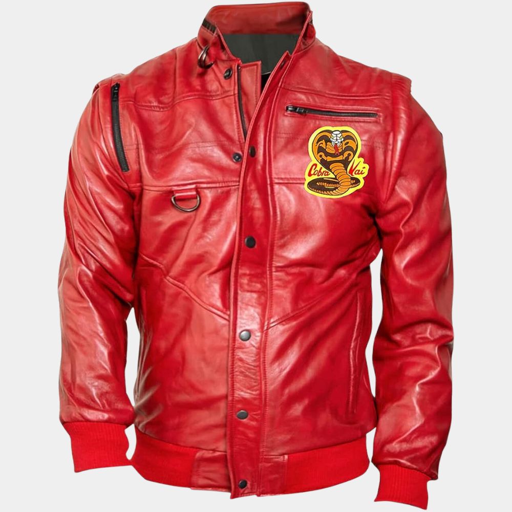 Cobra kai Karate Kid Johny Red Leather Jacket - Mannequin Front View