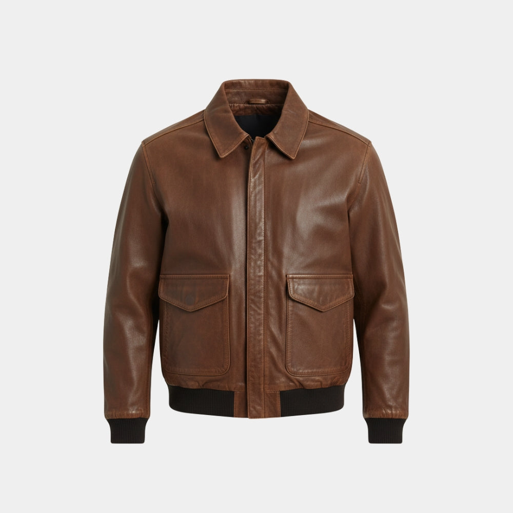 Connor MacLeod  Highlander Brown A-2 Leather Bomber Jacket - Mannequin Front View