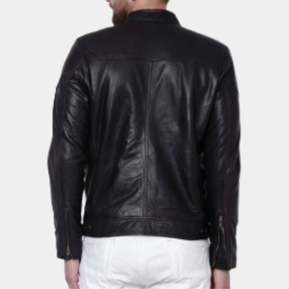 Conny Slim Black Leather Biker Jacket - Back View