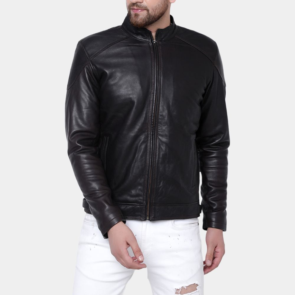 Conny Slim Black Leather Biker Jacket - Front View