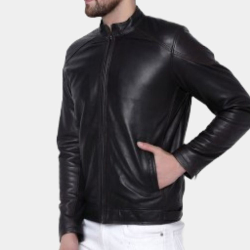 Conny Slim Black Leather Biker Jacket - Side View