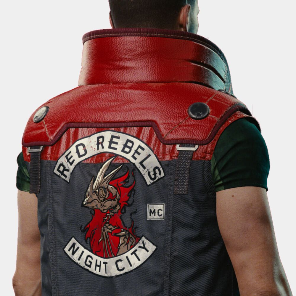 Cyberpunk 2077 Phantom Liberty Rarog (Night City) Vest | Red Rebels Stand Up Leather Collar Vest - Back Logo View
