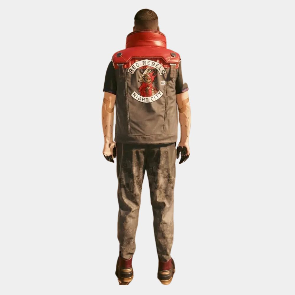 Cyberpunk 2077 Phantom Liberty Rarog (Night City) Vest | Red Rebels Stand Up Leather Collar Vest - Back View
