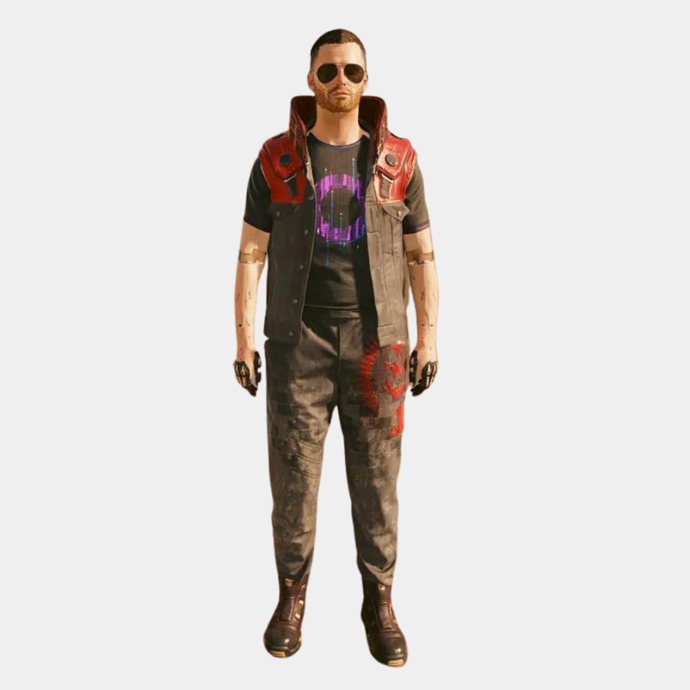 Cyberpunk 2077 Phantom Liberty Rarog (Night City) Vest | Red Rebels Stand Up Leather Collar Vest - Front View