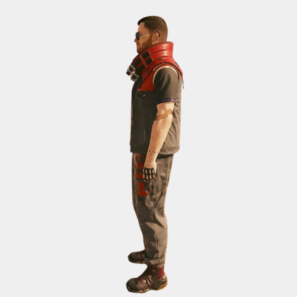 Cyberpunk 2077 Phantom Liberty Rarog (Night City) Vest | Red Rebels Stand Up Leather Collar Vest - Side Posture View