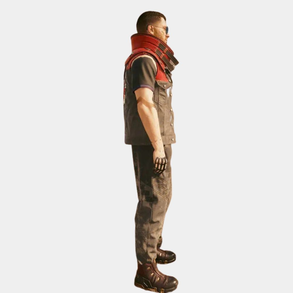 Cyberpunk 2077 Phantom Liberty Rarog (Night City) Vest | Red Rebels Stand Up Leather Collar Vest - Side View