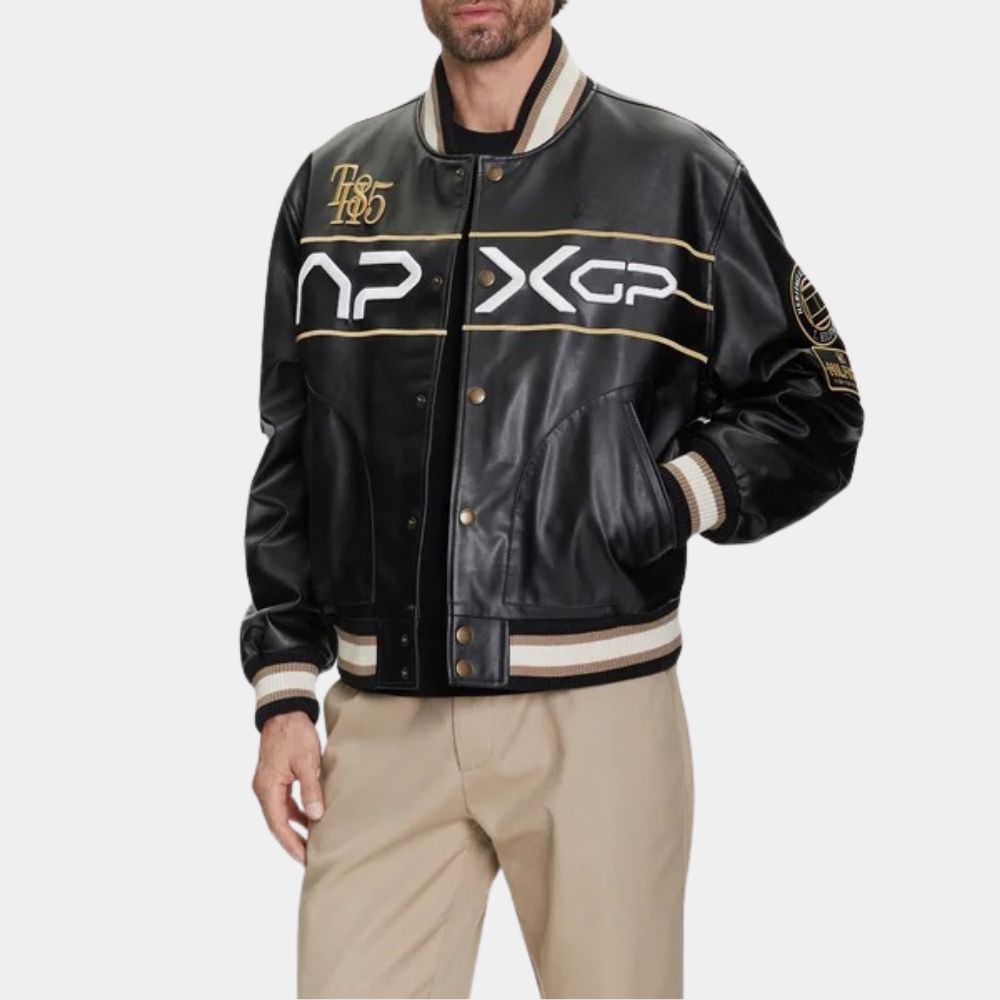 Damson Idris F1 APXgp Damson Idris Racing Varsity Leather Jacket - Front View