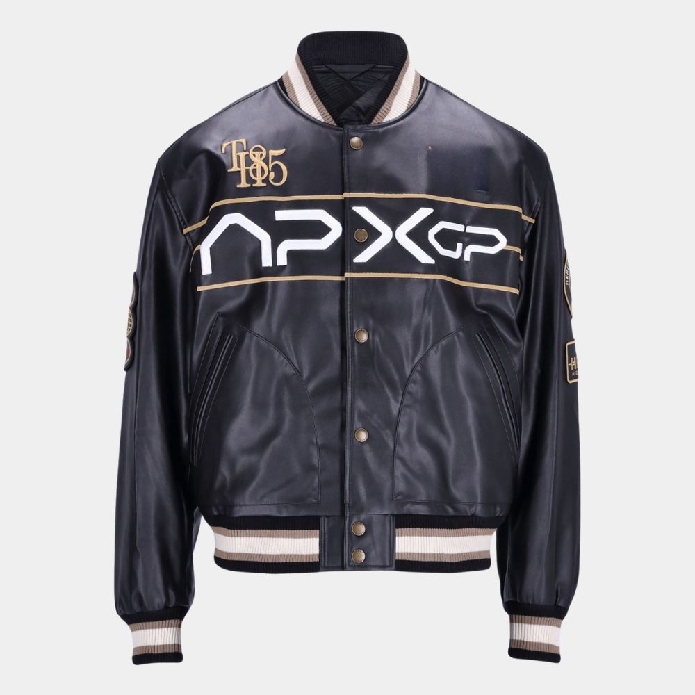 Damson Idris F1 APXgp Damson Idris Racing Varsity Leather Jacket - Mannequin Front View