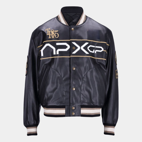 Damson Idris F1 APXgp Damson Idris Racing Varsity Leather Jacket - Mannequin Front View