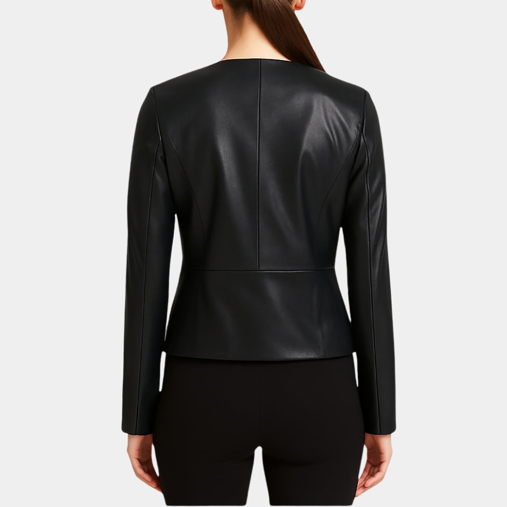 Dana Buchman  Women’s Black Leather Jacket With Round Neck Collar - Back View