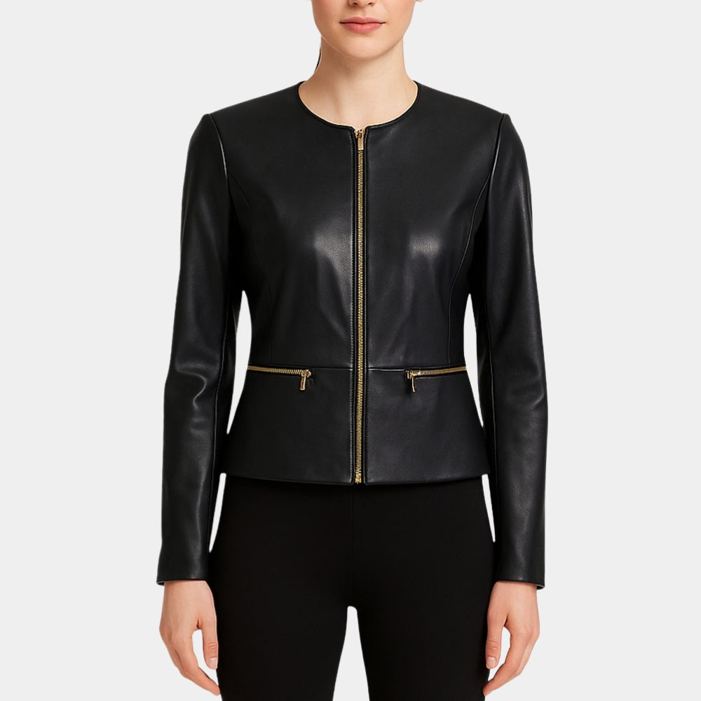 Dana Buchman  Women’s Black Leather Jacket With Round Neck Collar - Front View