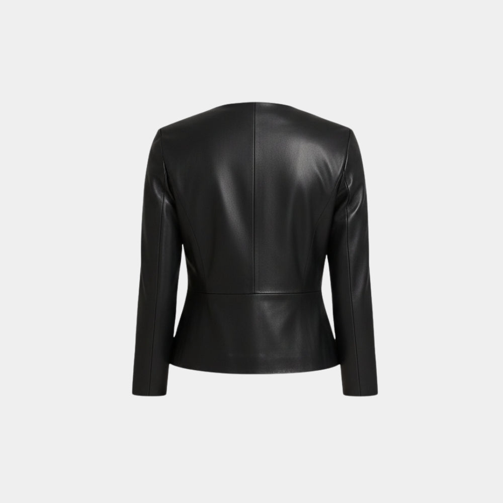 Dana Buchman  Women’s Black Leather Jacket With Round Neck Collar - Mannequin Back View
