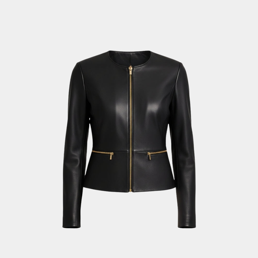 Dana Buchman  Women’s Black Leather Jacket With Round Neck Collar - Mannequin Front View