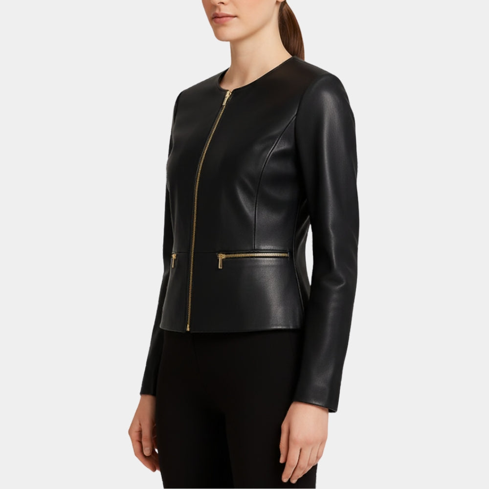 Dana Buchman  Women’s Black Leather Jacket With Round Neck Collar - Side View