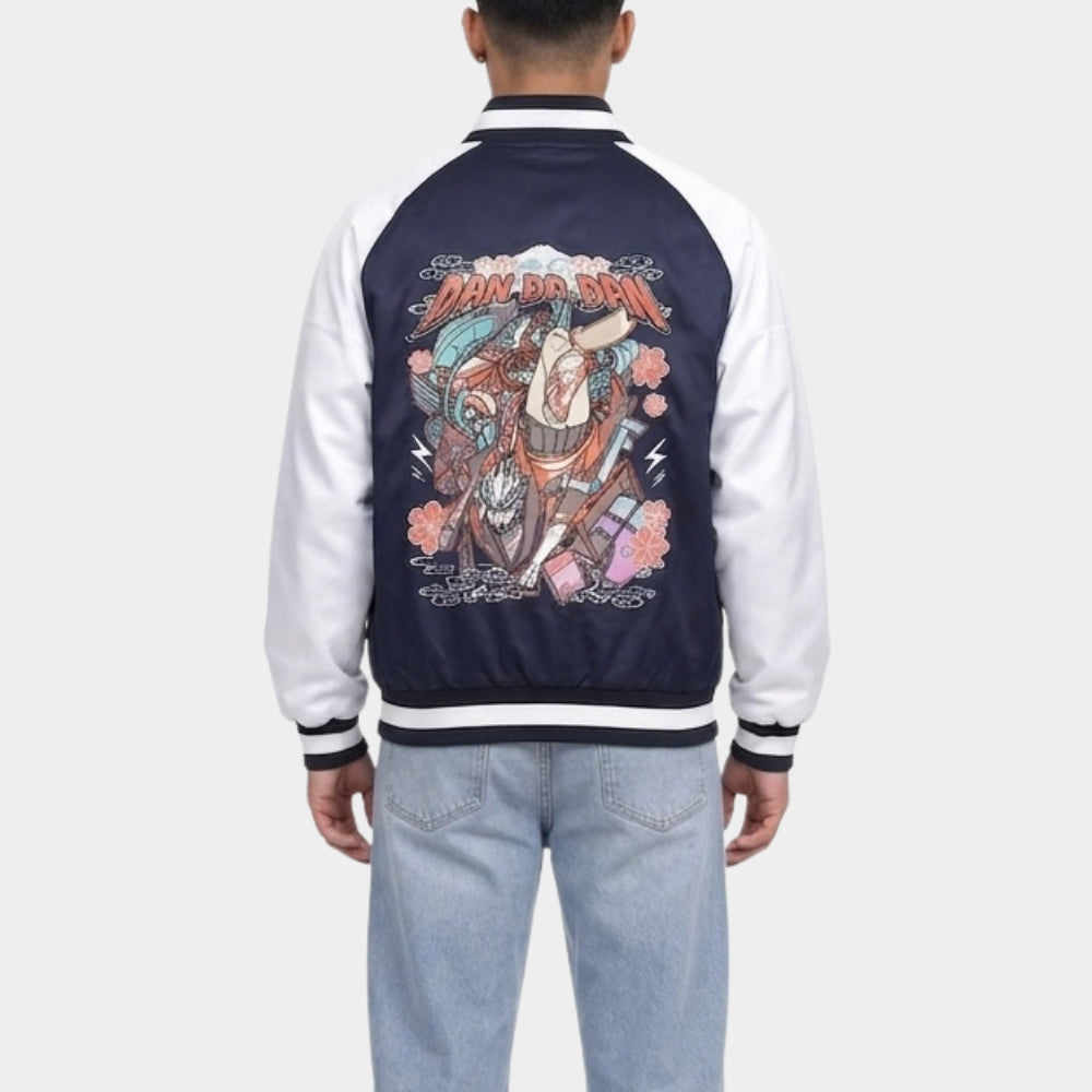 Dandadan Souvenir Bomber Blue Satin Jacket