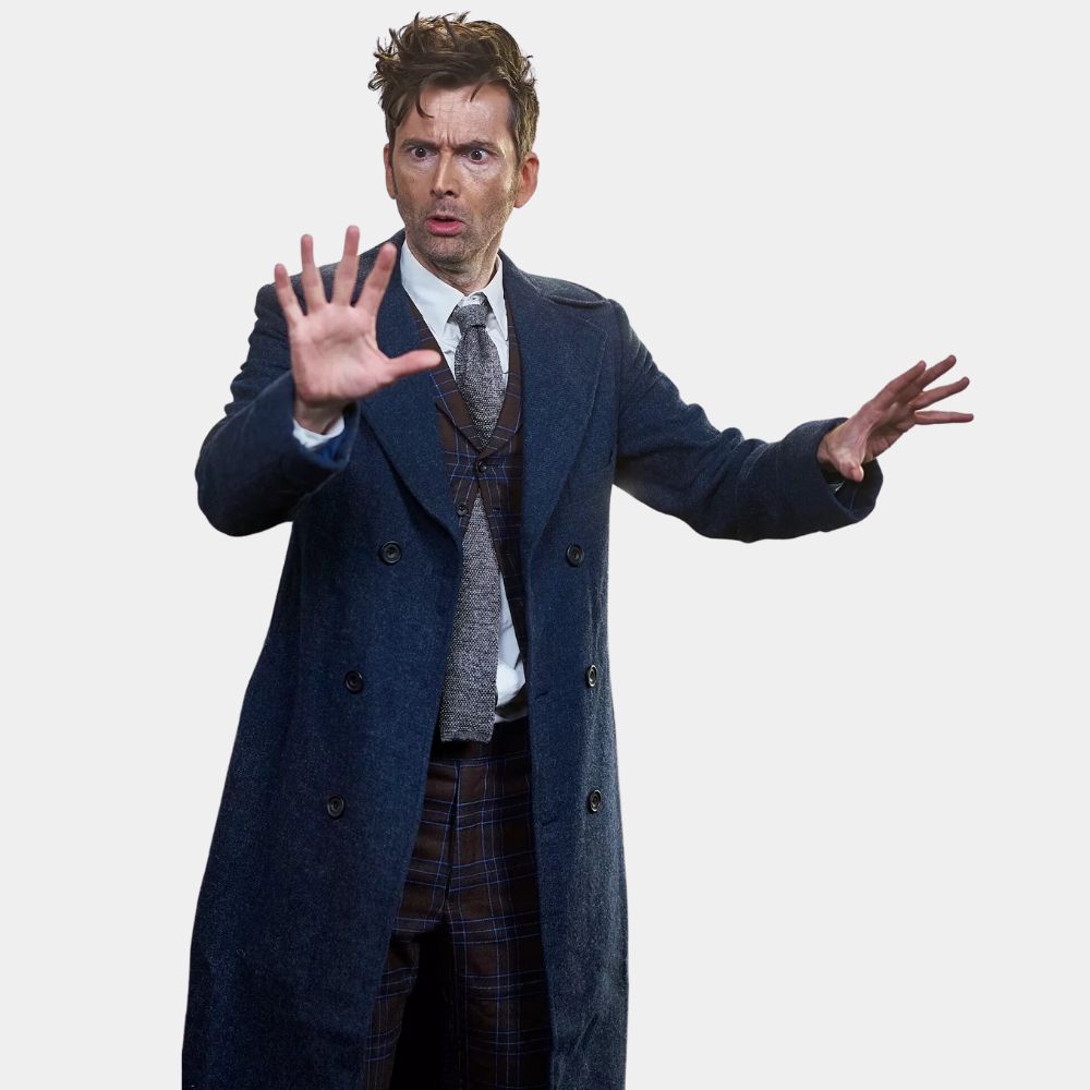 David Tennant 60th Anniversary Specials Fourteenth Doctor Who Blue Wool Trench Coat - Character Front Close - Up View