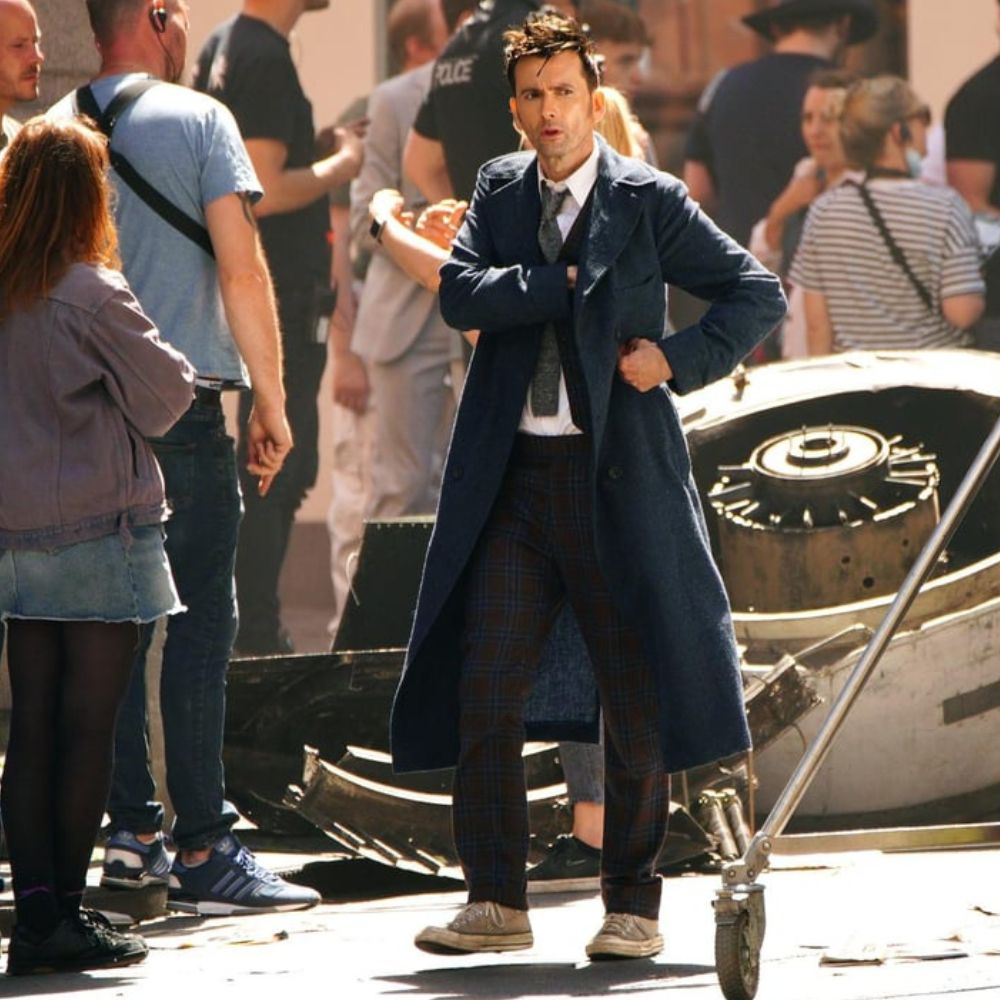 David Tennant 60th Anniversary Specials Fourteenth Doctor Who Blue Wool Trench Coat - Character Front Posture View