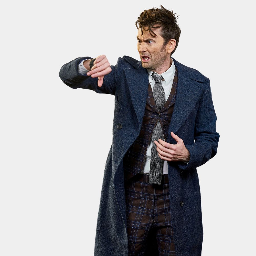 David Tennant 60th Anniversary Specials Fourteenth Doctor Who Blue Wool Trench Coat - Character Front View