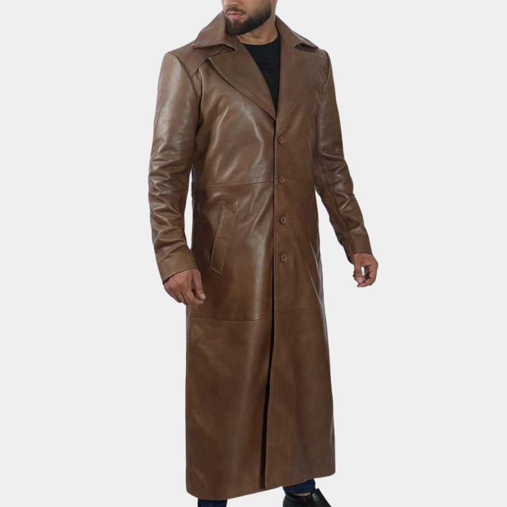 Dawn of Justice Batman Nightmare Brown Leather Trench Coat - Side Posture View