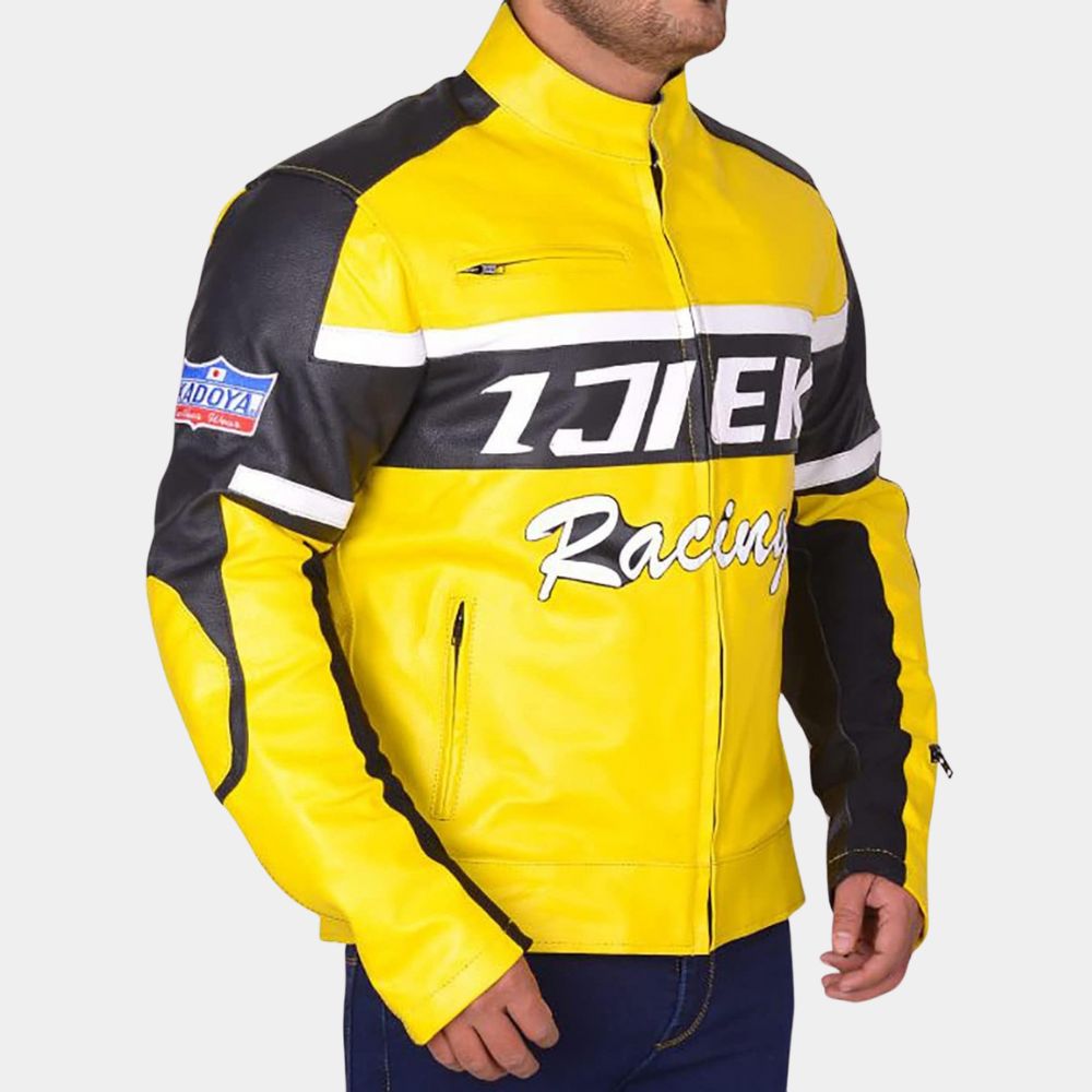 Dead Rising 2 Chuck Greene Yellow and Black Leather Jacket - Side Posture View