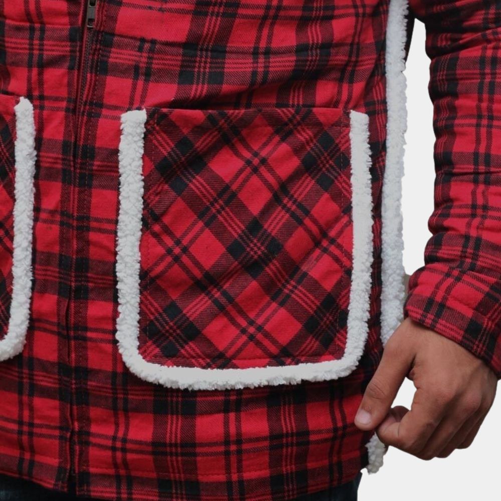 Deadpool Wade Wilson Flannel Jacket Shearling Lining - Side Close - Up View