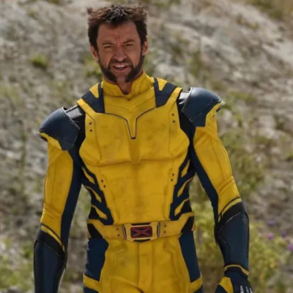 Deadpool & Wolverine Hugh Jackman Yellow & Blue Leather Jacket - Front Posture View