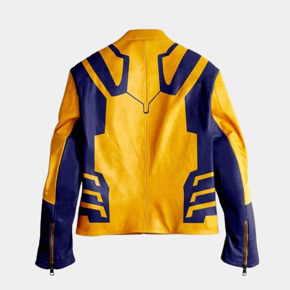 Deadpool & Wolverine Hugh Jackman Yellow & Blue Leather Jacket - Mannequin Back View