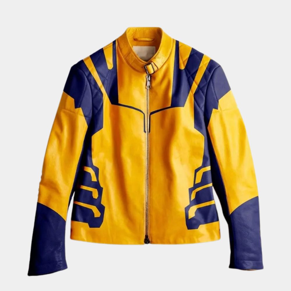 Deadpool & Wolverine Hugh Jackman Yellow & Blue Leather Jacket - Mannequin Front View