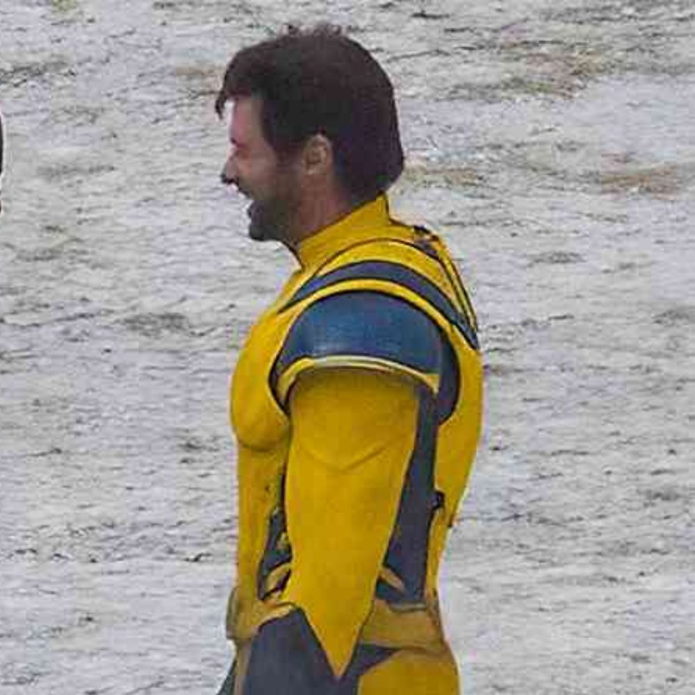 Deadpool & Wolverine Hugh Jackman Yellow & Blue Leather Jacket - Side Posture View