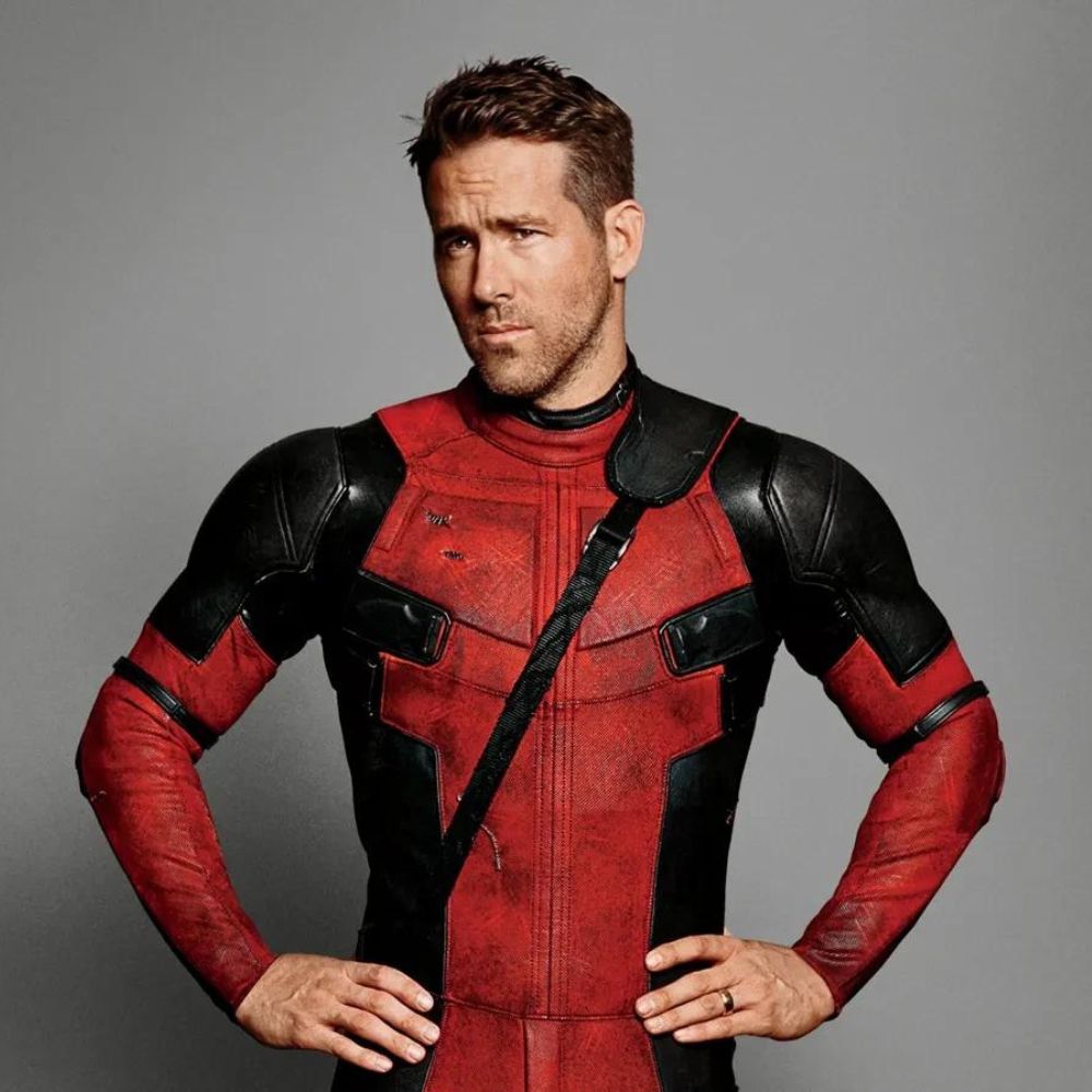 Deadpool & Wolverine Ryan Reynolds Red & Black Leather Jacket - Character Front Posture View
