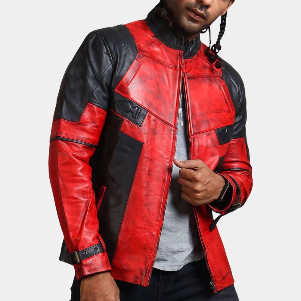 Deadpool & Wolverine Ryan Reynolds Red & Black Leather Jacket - Front Posture View