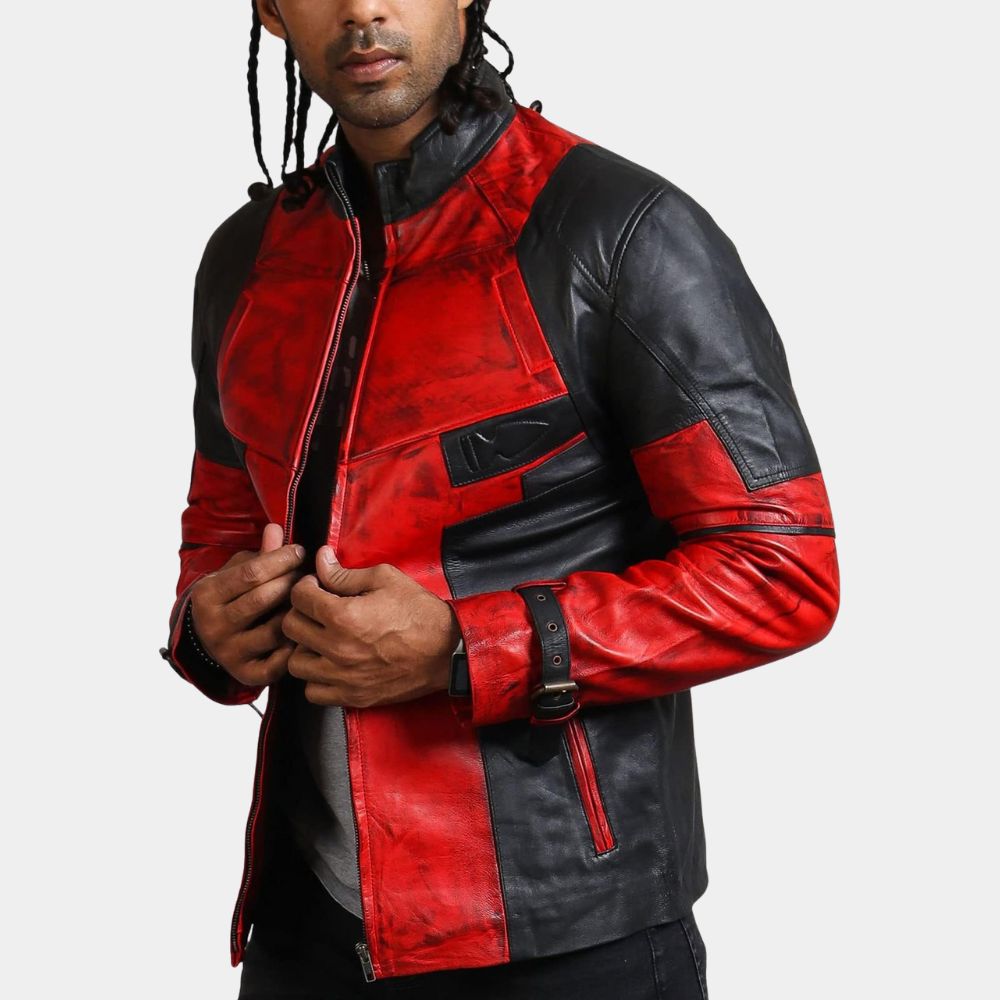 Deadpool & Wolverine Ryan Reynolds Red & Black Leather Jacket - Side Posture View