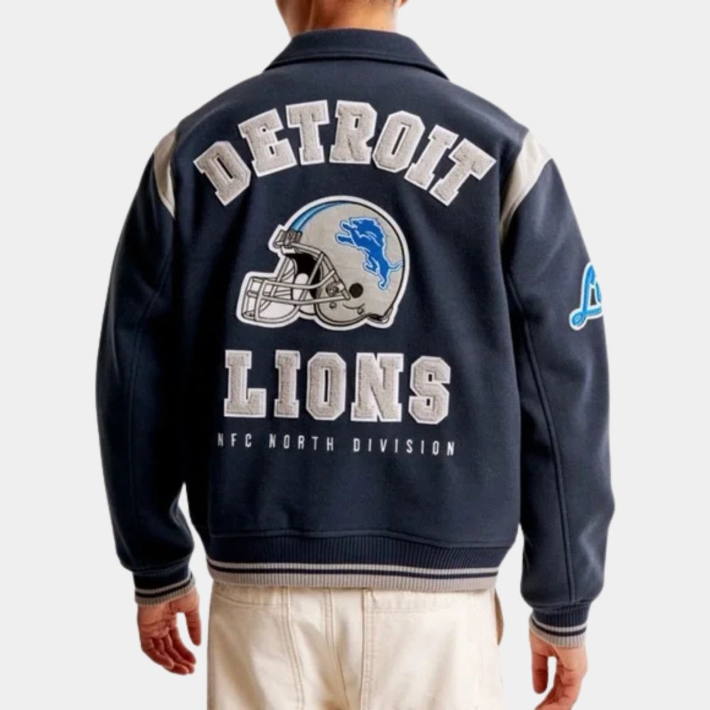 Defend The Den  Detroit Lions Varsity Full Snap Wool Blend Jacket - Back View