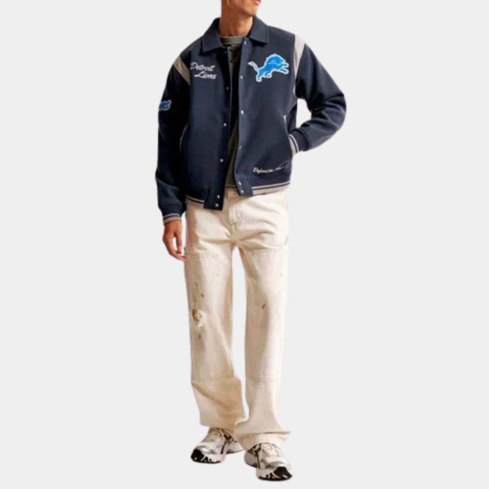 Defend The Den  Detroit Lions Varsity Full Snap Wool Blend Jacket - Front View