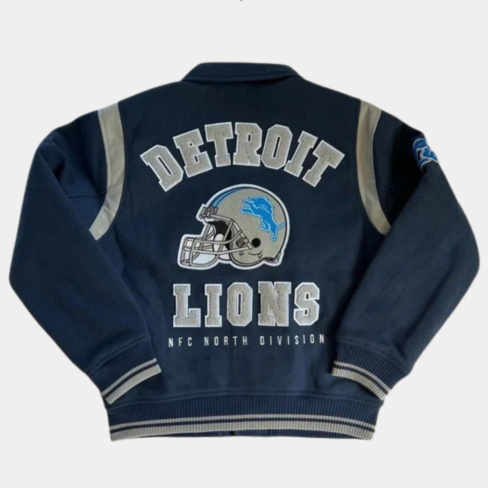 Defend The Den  Detroit Lions Varsity Full Snap Wool Blend Jacket - Mannequin Back View