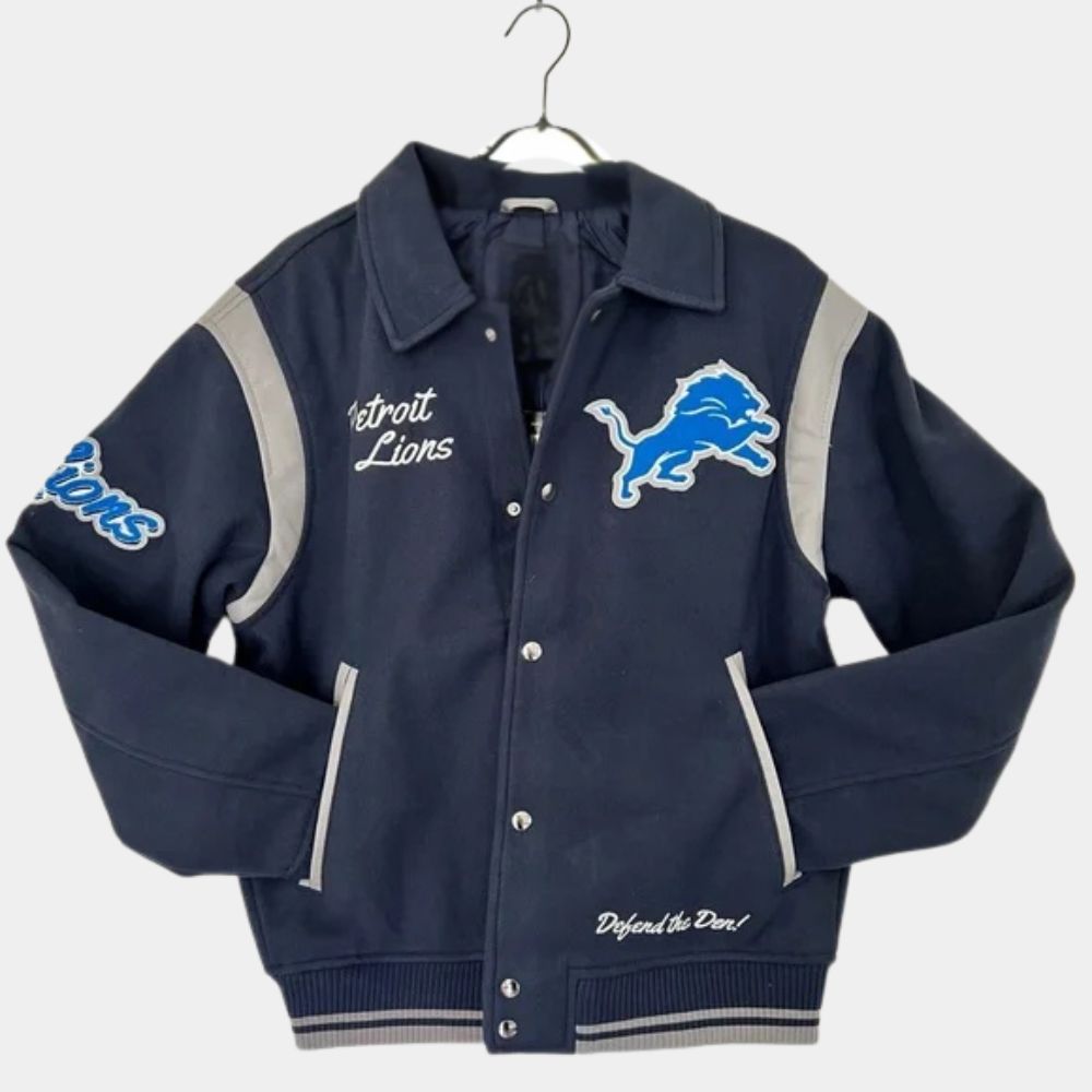 Defend The Den  Detroit Lions Varsity Full Snap Wool Blend Jacket - Mannequin Front View
