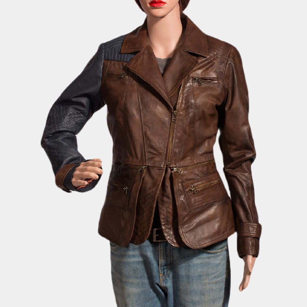 Defiance Julie Benz Brown And Blue Leather Jacket - Front View