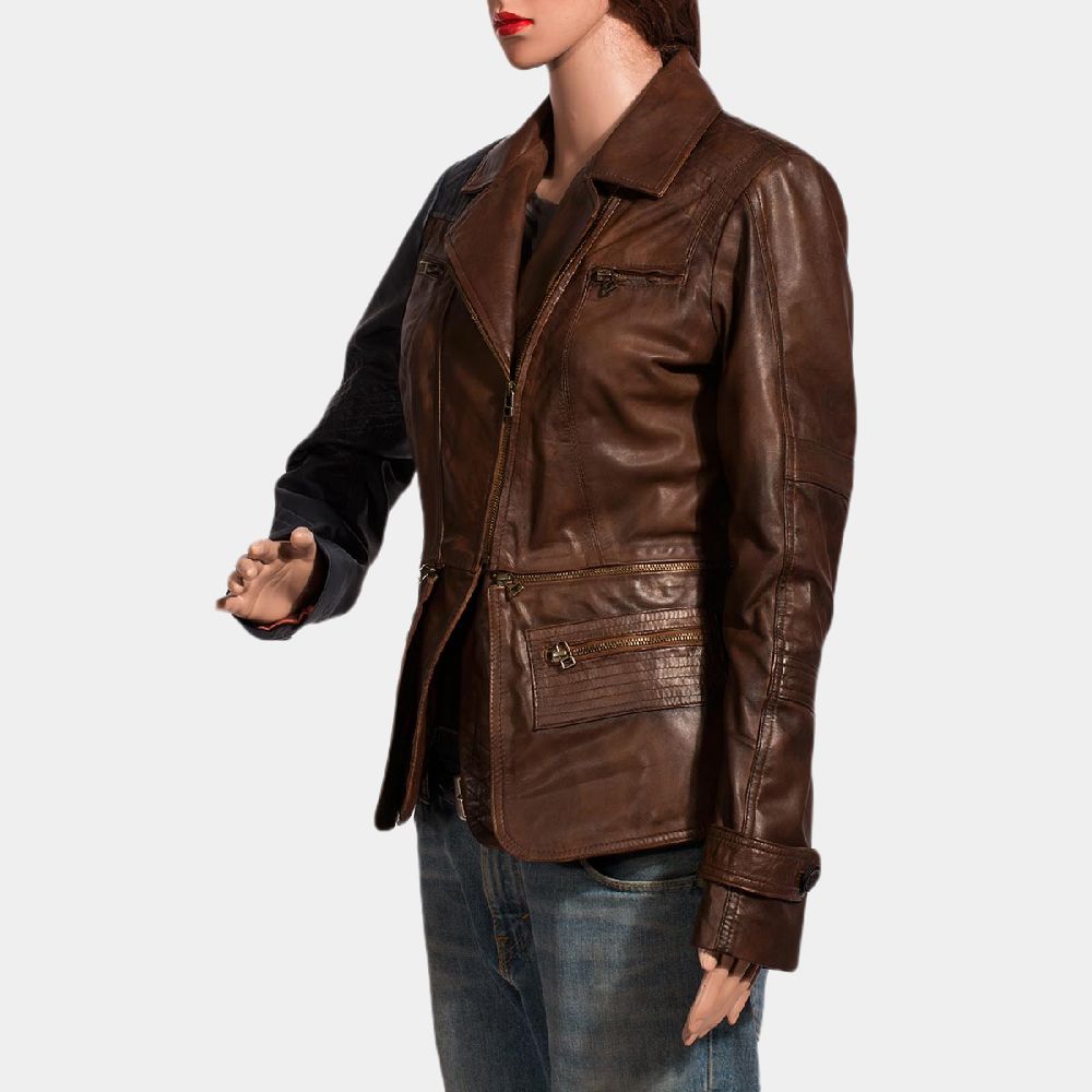 Defiance Julie Benz Brown And Blue Leather Jacket - Side Close - Up View
