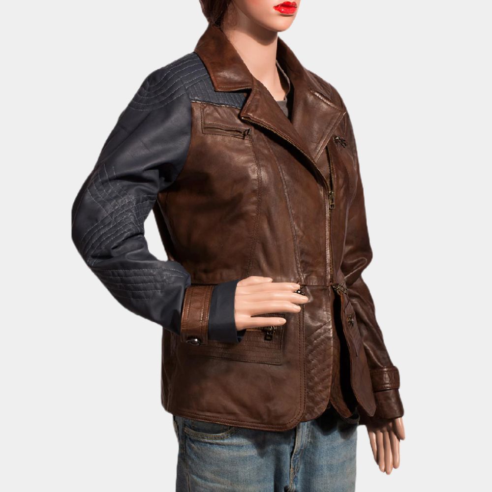 Defiance Julie Benz Brown And Blue Leather Jacket - Side Posture View