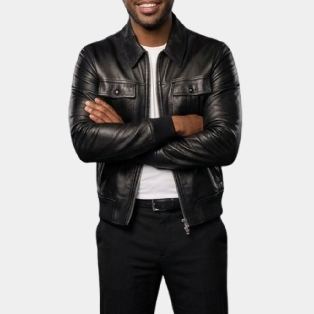 Delusional 2026 Mike Epps Black Leather Bomber Jacket - Front View