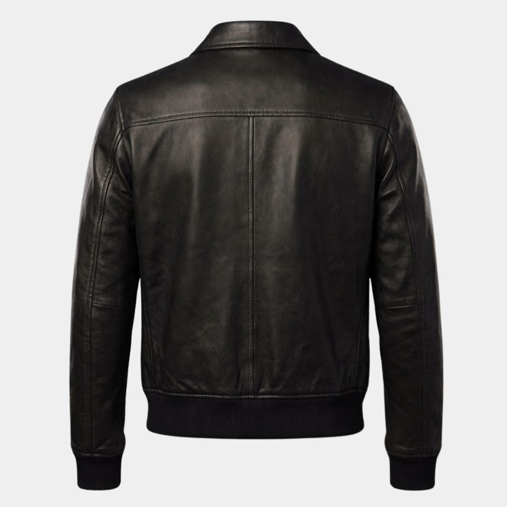 Delusional 2026 Mike Epps Black Leather Bomber Jacket - Mannequin Back View