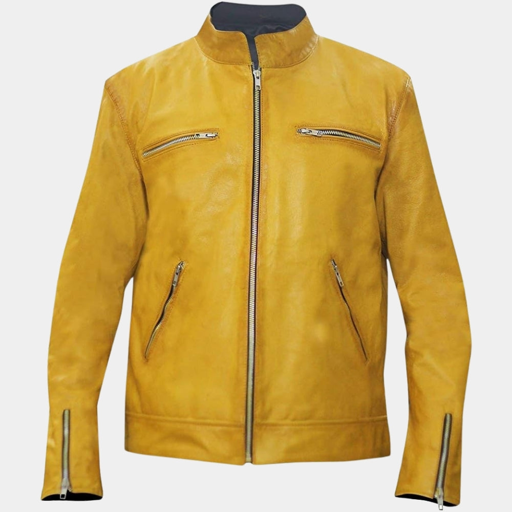 Detective Show  Dirk Gently aka Samuel Barnett Yellow Leather Jacket - Mannequin Front View